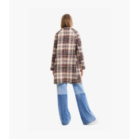 DESIGUAL Cream Black Neon Colorful Plaid Tweed Oversized Heavy Duke Coat Small - Picture 3 of 12